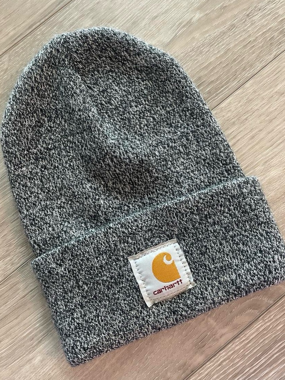 Carhartt Men's Gray Heather Knit Beanie with Gold Logo Patch